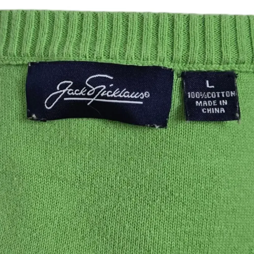 Jack Nicklaus Mens Preppy V Neck Sweater Size Large Green‎ Cotton Knit Pullover